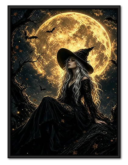 Witch Under Golden Full Moon Wall Art
