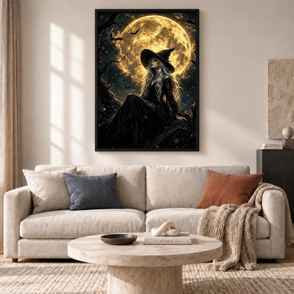 Witch Under Golden Full Moon Wall Art 2