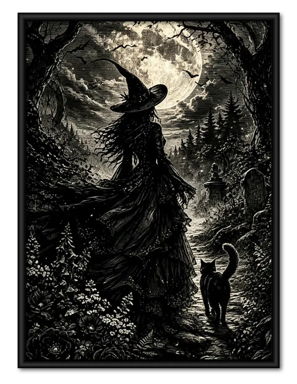 Witch Walking through Moonlit Forest Wall Art 1