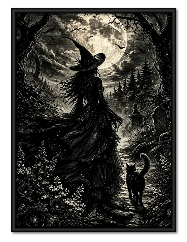Witch Walking through Moonlit Forest Wall Art