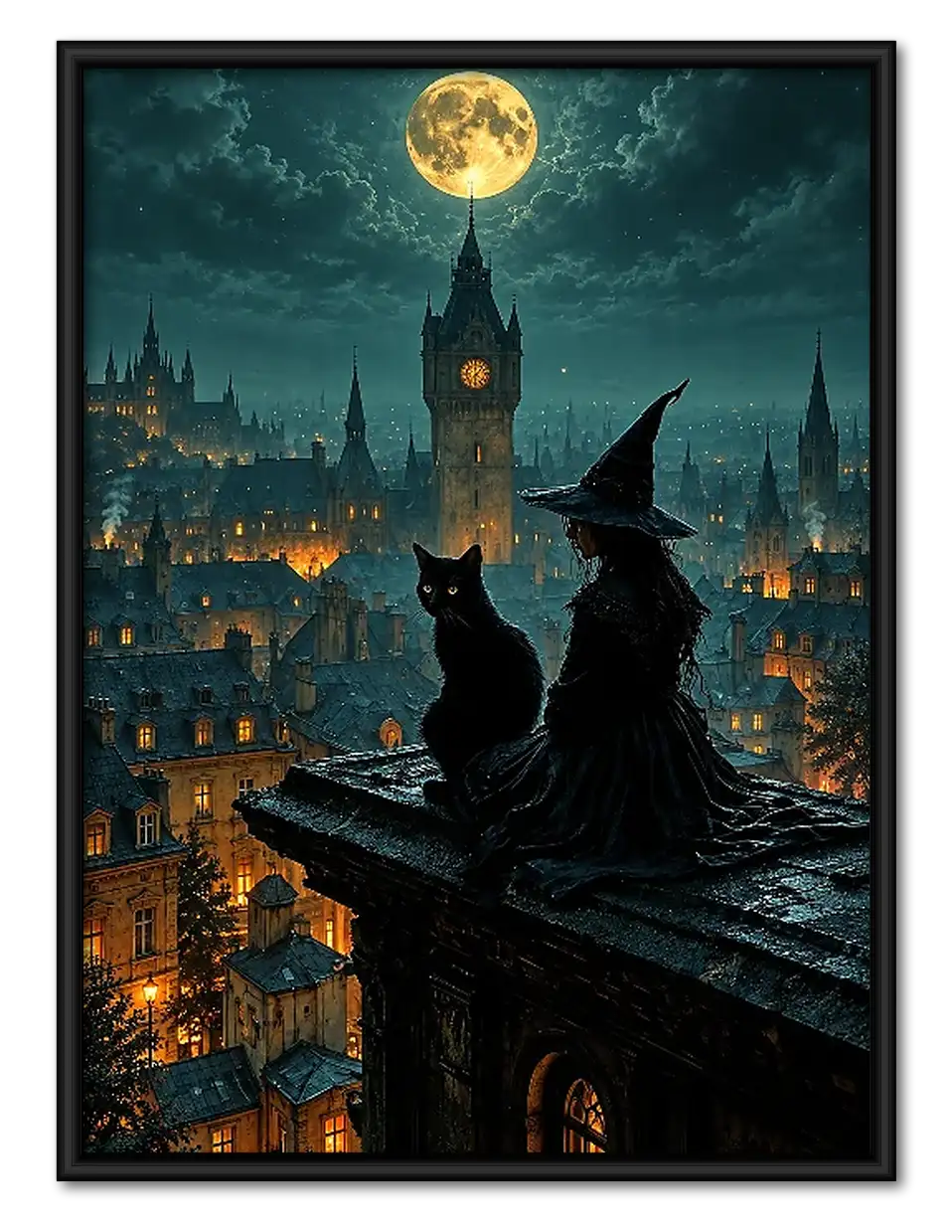 Witches and Black Cats Over Moonlit City Wall Art 1