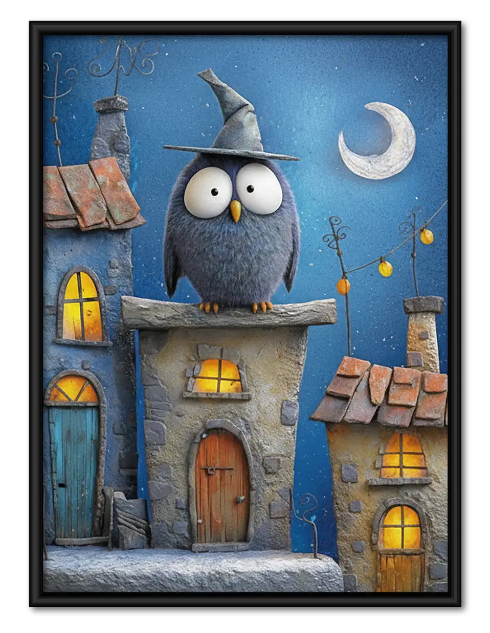 Wizard Owl Above Blue Village Wall Art 1