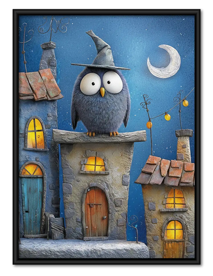 Wizard Owl Above Blue Village Wall Art