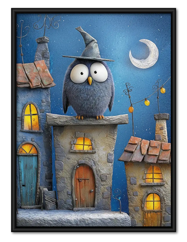 Wizard Owl Above Blue Village Wall Art