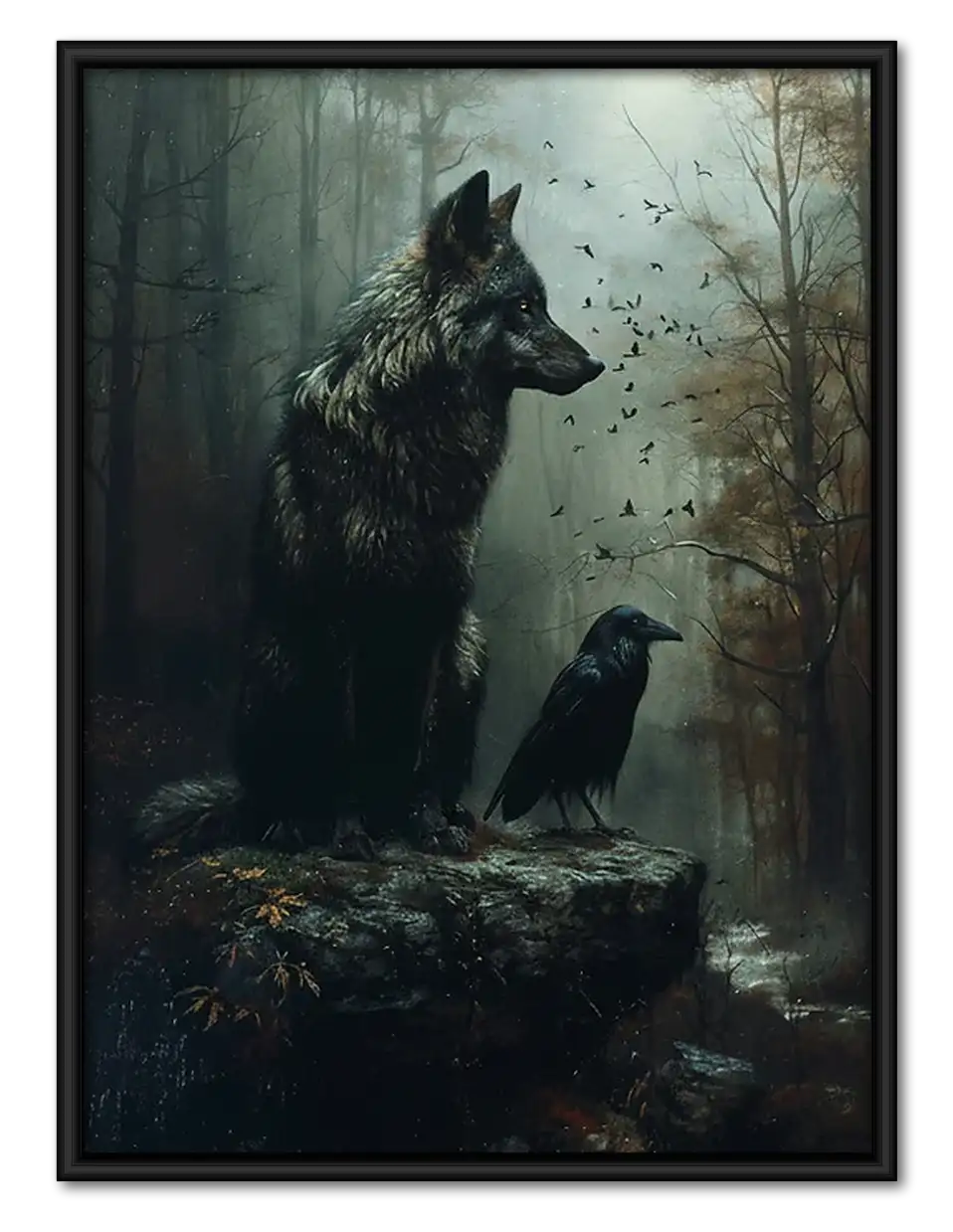 Wolf and Raven in Ancient Forest Wall Art 1