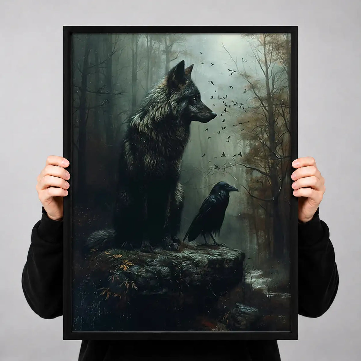 Wolf and Raven in Ancient Forest Wall Art 3