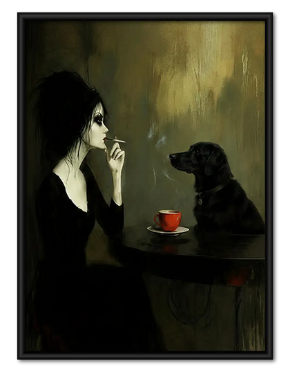 Woman and Black Cat at Cafe Wall Art