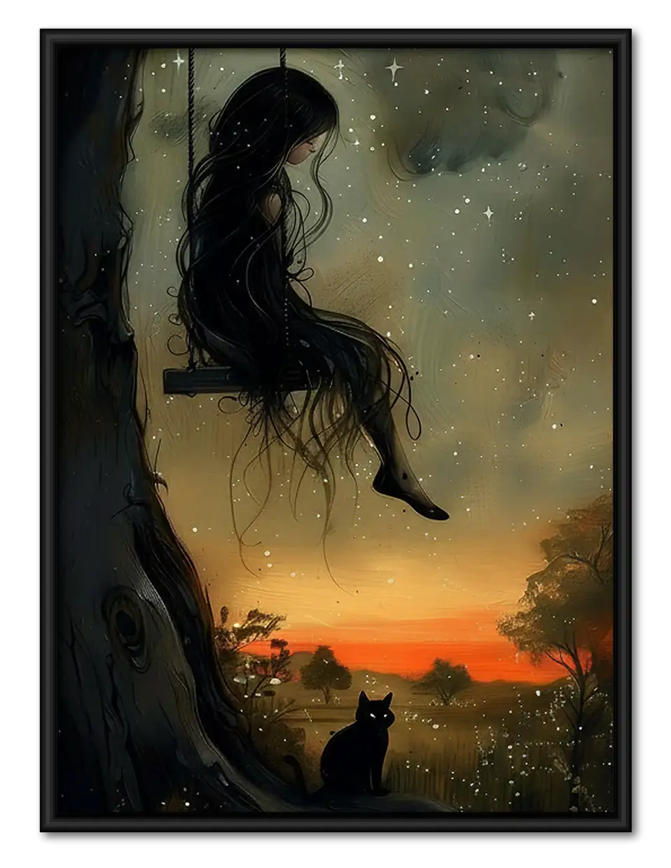 Woman and Black Cat at Sunset Wall Art 1