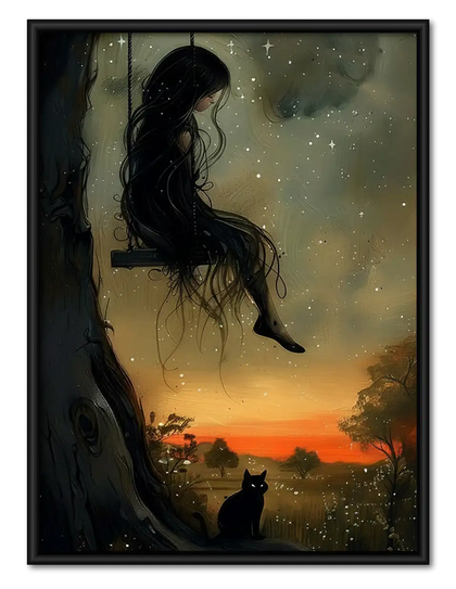 Woman and Black Cat at Sunset Wall Art