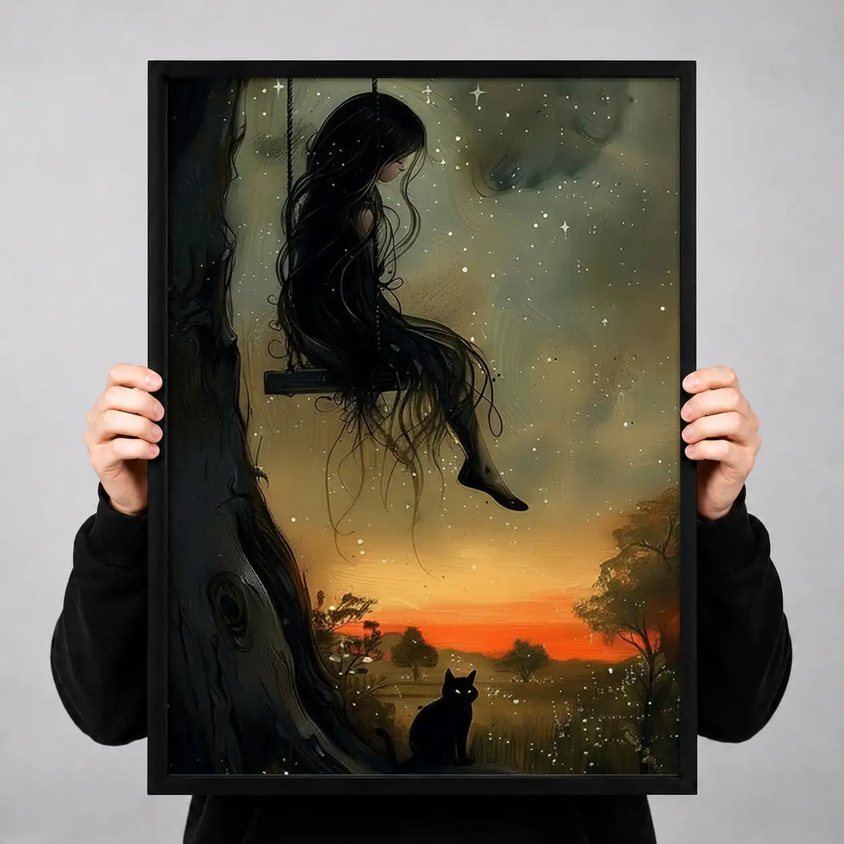 Woman and Black Cat at Sunset Wall Art 3
