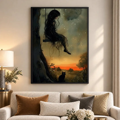 Woman and Black Cat at Sunset Wall Art 5