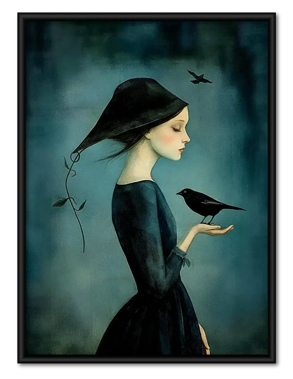 Woman Holding Crow on Teal Wall Art 1