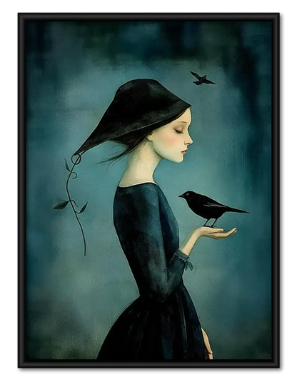 Woman Holding Crow on Teal Wall Art 1