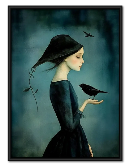Woman Holding Crow on Teal Wall Art