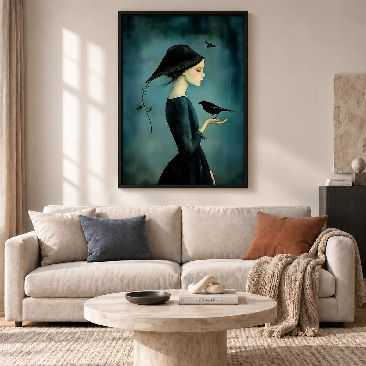 Woman Holding Crow on Teal Wall Art 2