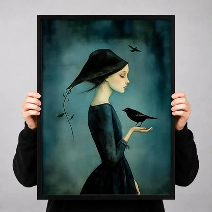 Woman Holding Crow on Teal Wall Art 3