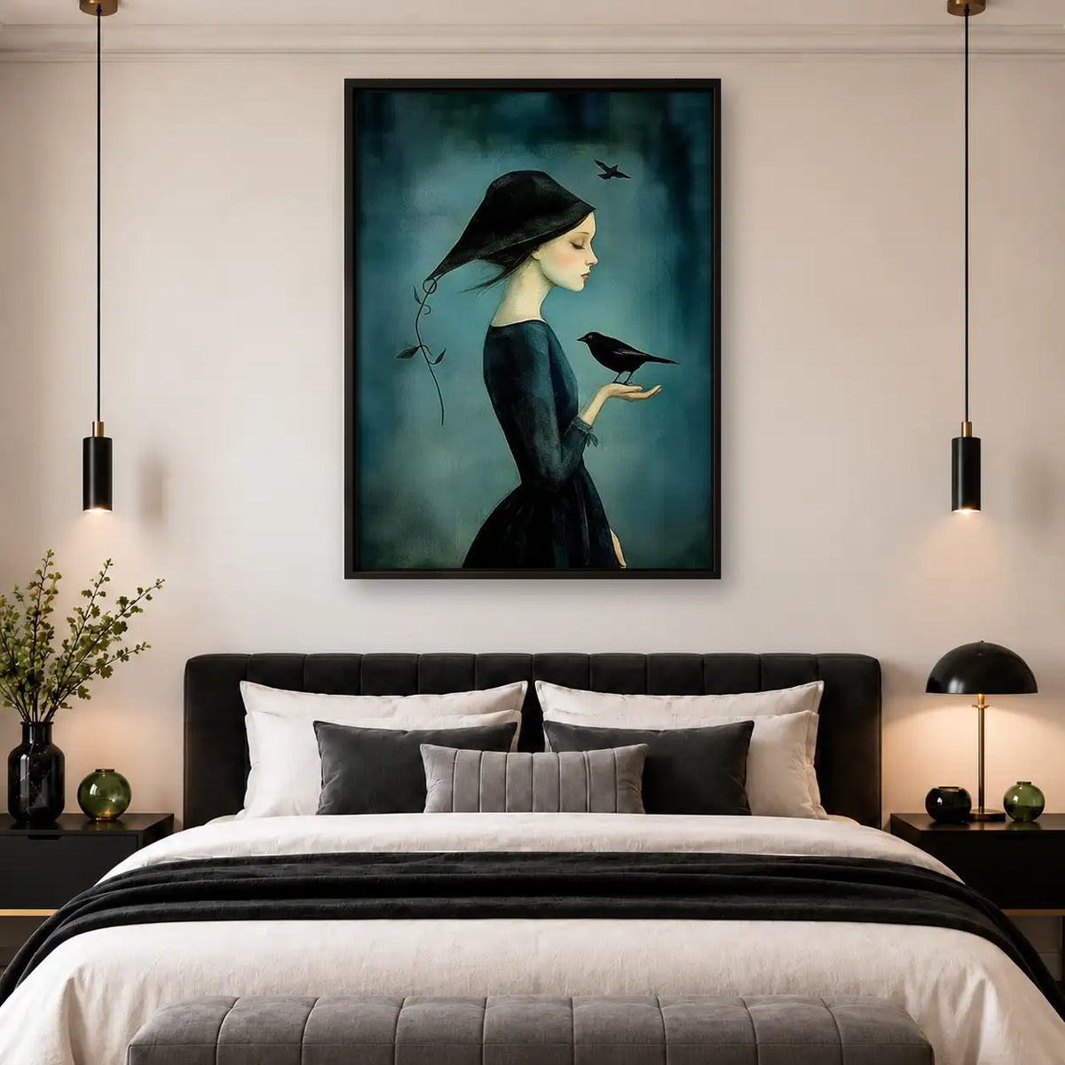 Woman Holding Crow on Teal Wall Art 4