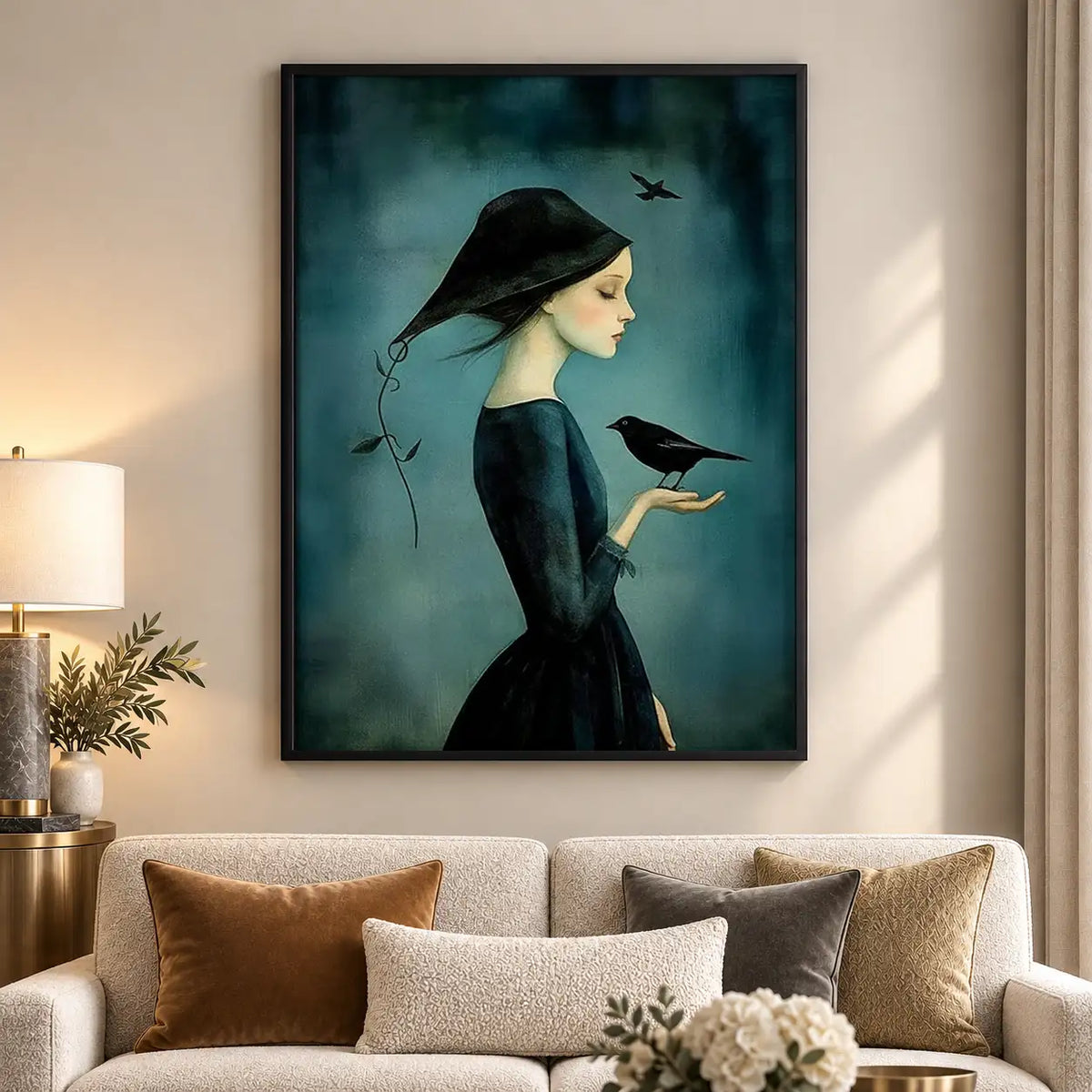 Woman Holding Crow on Teal Wall Art 5