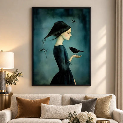 Woman Holding Crow on Teal Wall Art 5