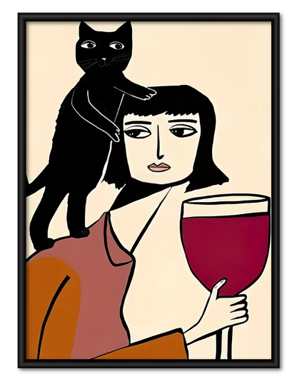 Woman Holding Wine with Black Cat Wall Art 1