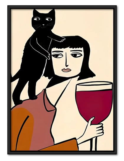 Woman Holding Wine with Black Cat Wall Art