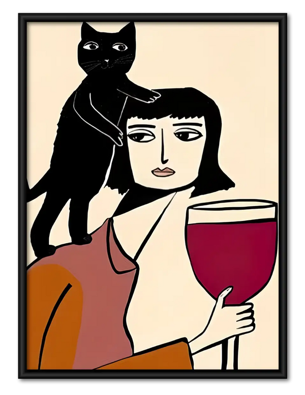 Woman Holding Wine with Black Cat Wall Art