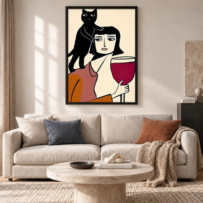 Woman Holding Wine with Black Cat Wall Art 2