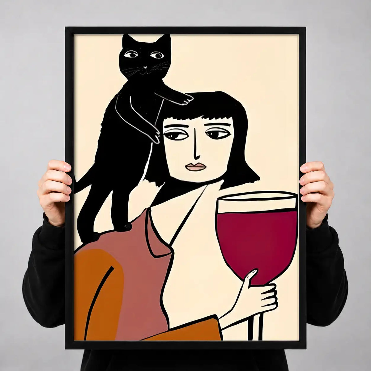 Woman Holding Wine with Black Cat Wall Art 3