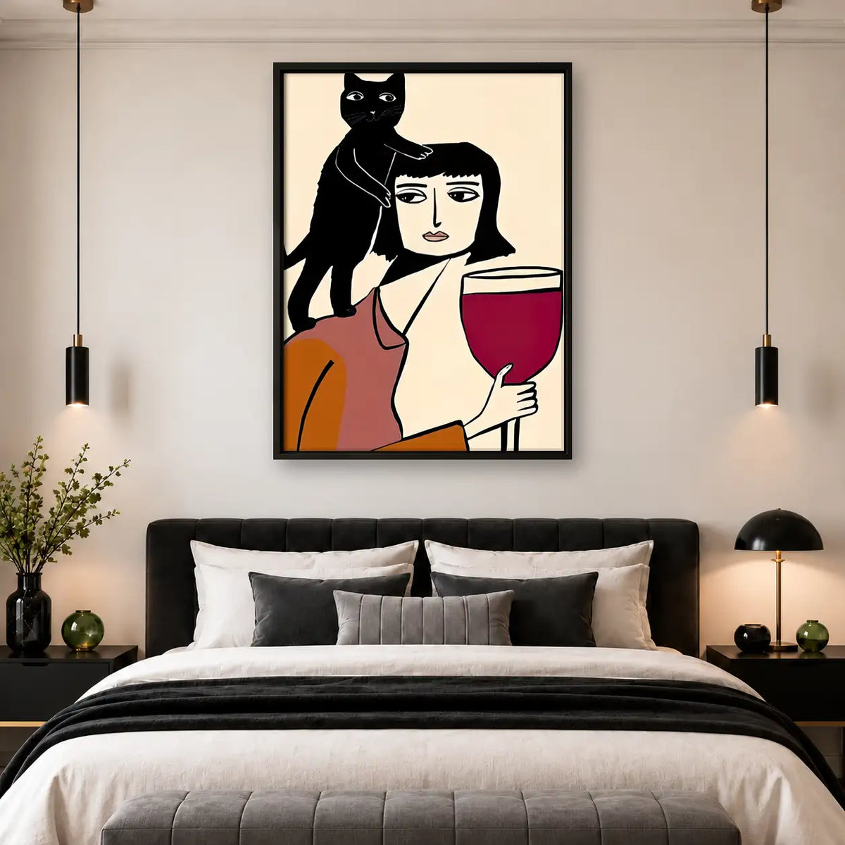 Woman Holding Wine with Black Cat Wall Art 4
