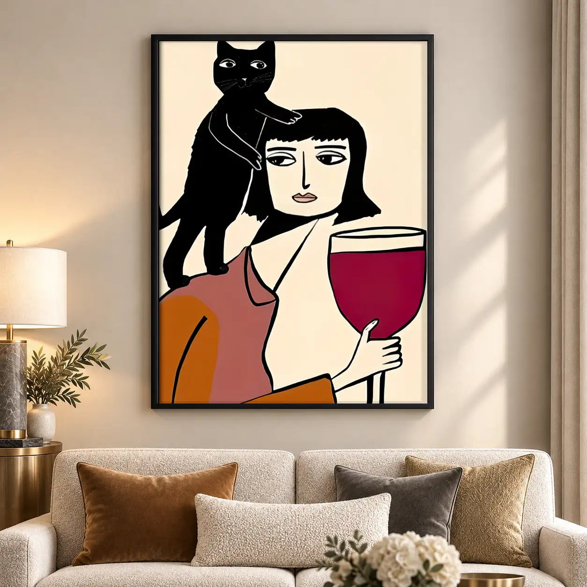 Woman Holding Wine with Black Cat Wall Art 5