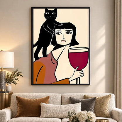 Woman Holding Wine with Black Cat Wall Art 5
