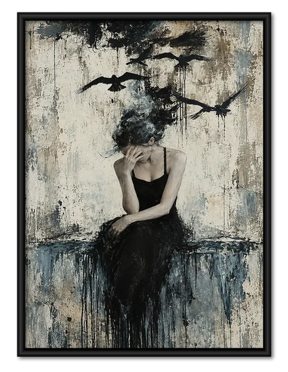 Woman in Black beneath Flying Birds Wall Art 1