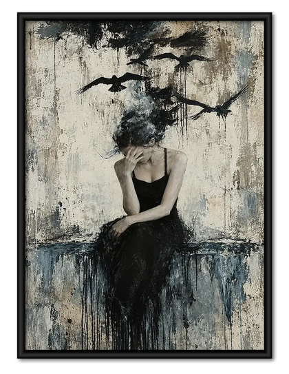 Woman in Black beneath Flying Birds Wall Art