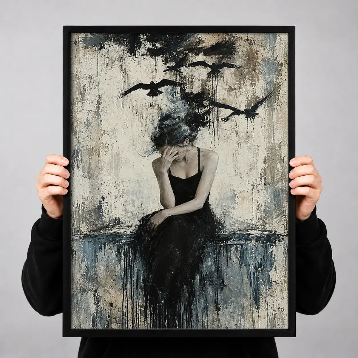 Woman in Black beneath Flying Birds Wall Art 3