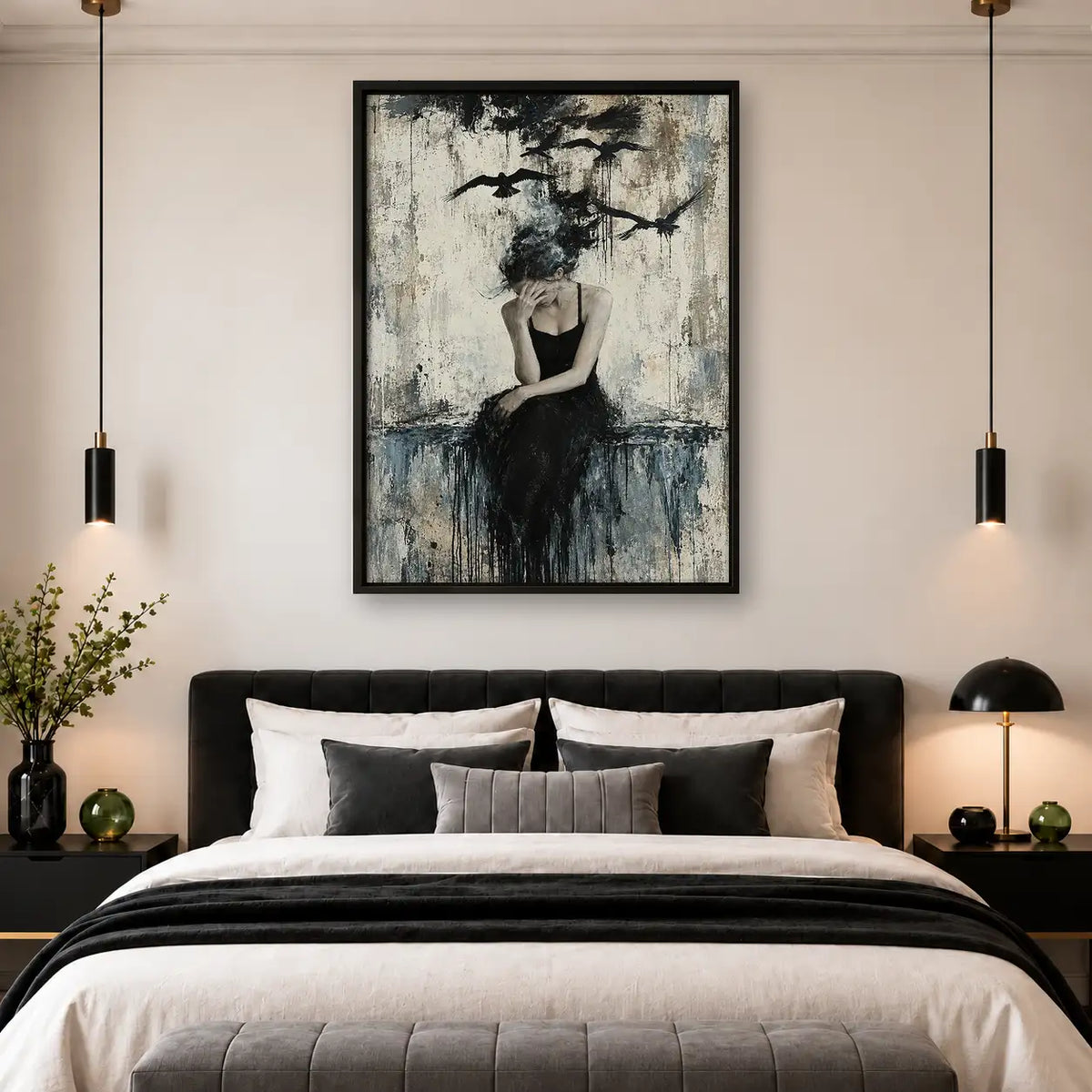 Woman in Black beneath Flying Birds Wall Art 4