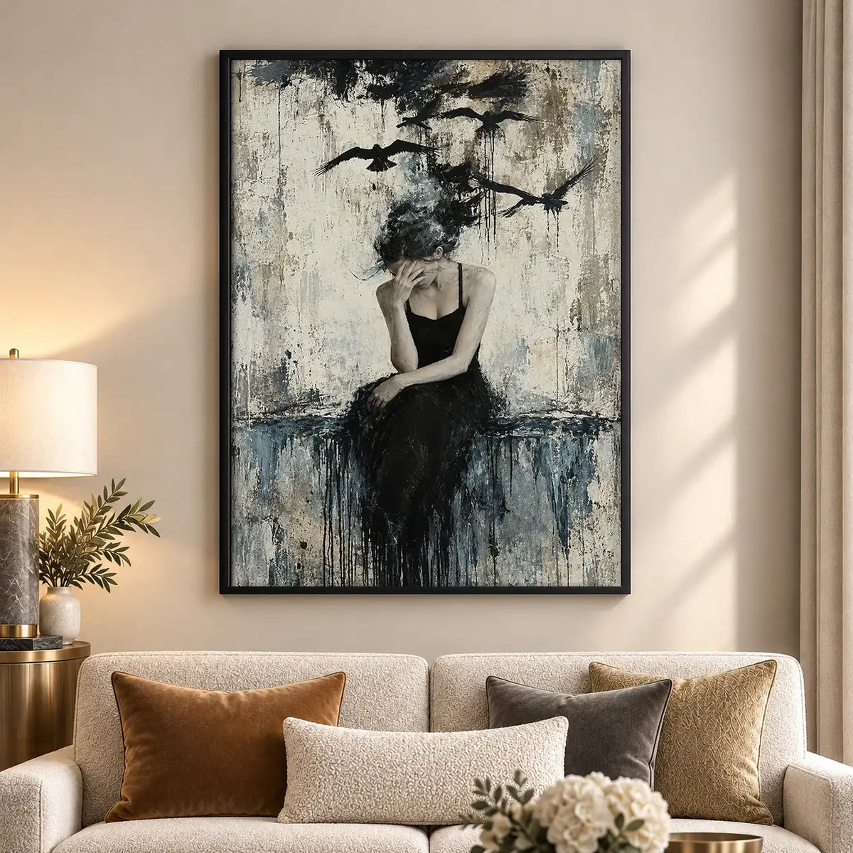 Woman in Black beneath Flying Birds Wall Art 5