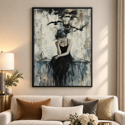 Woman in Black beneath Flying Birds Wall Art 5