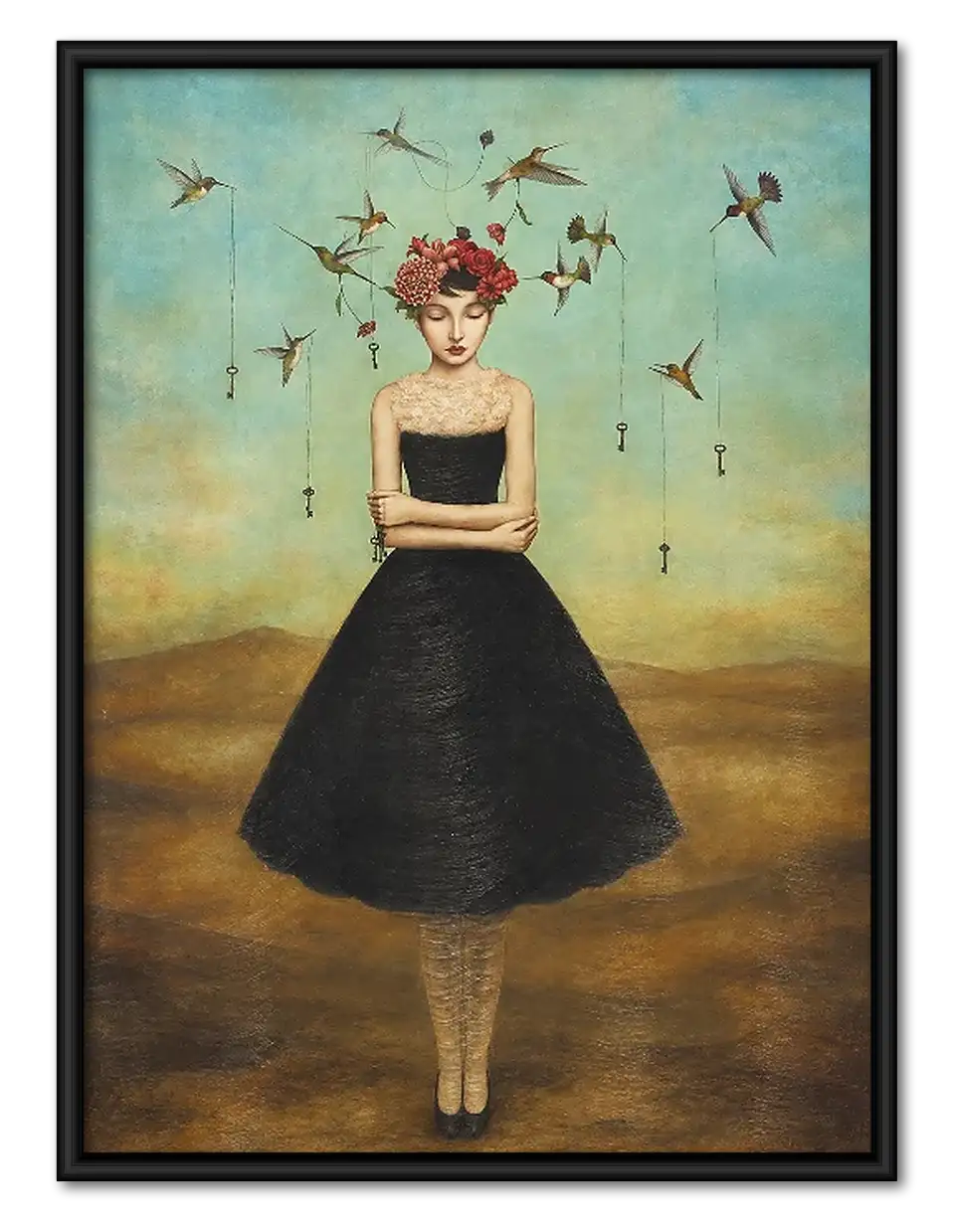 Woman in Black Dress Surrounded by Birds Wall Art 1