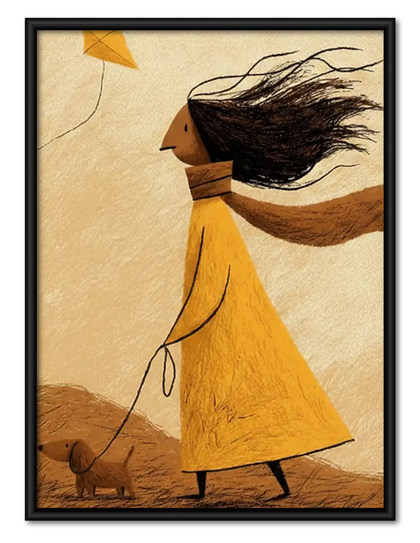 Woman in Yellow Coat Walking Dog Wall Art