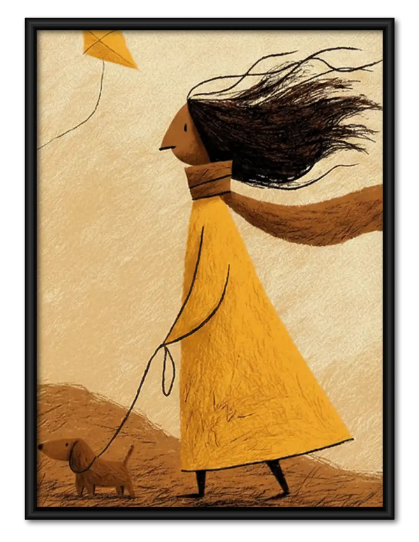 Woman in Yellow Coat Walking Dog Wall Art