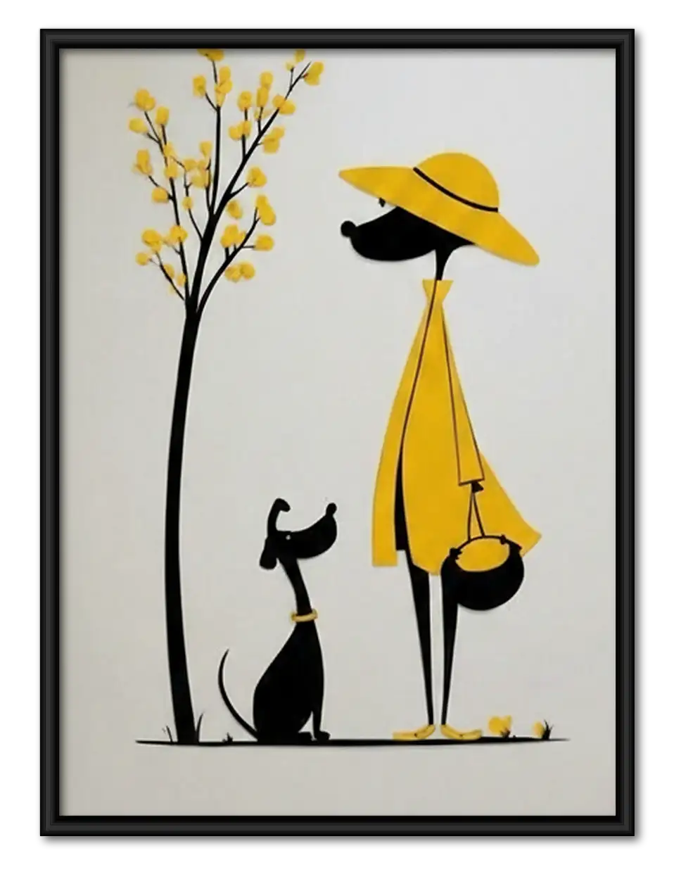 Woman in Yellow Walking Black Cat Wall Art 1
