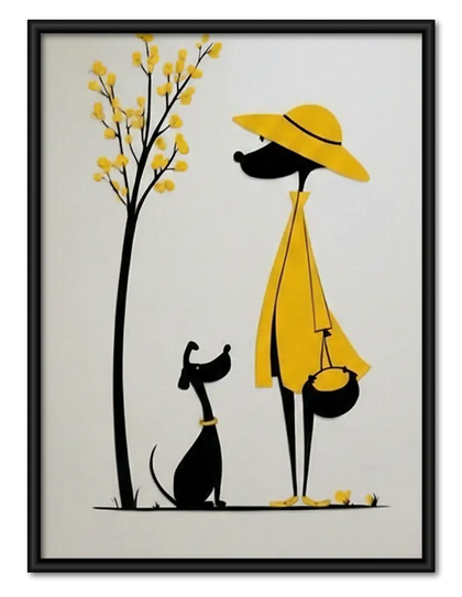Woman in Yellow Walking Black Cat Wall Art