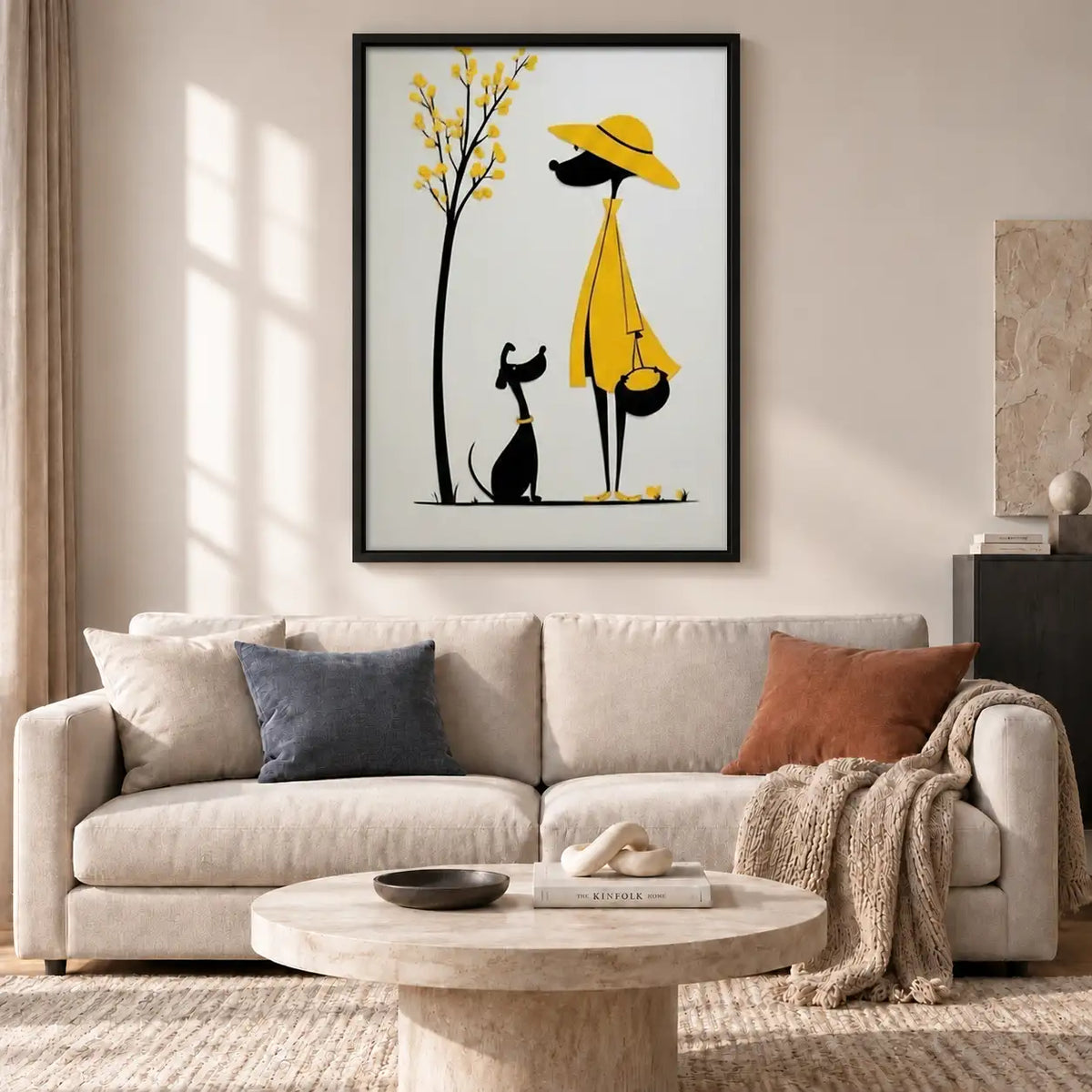 Woman in Yellow Walking Black Cat Wall Art 2