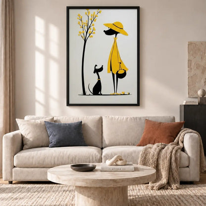 Woman in Yellow Walking Black Cat Wall Art 2