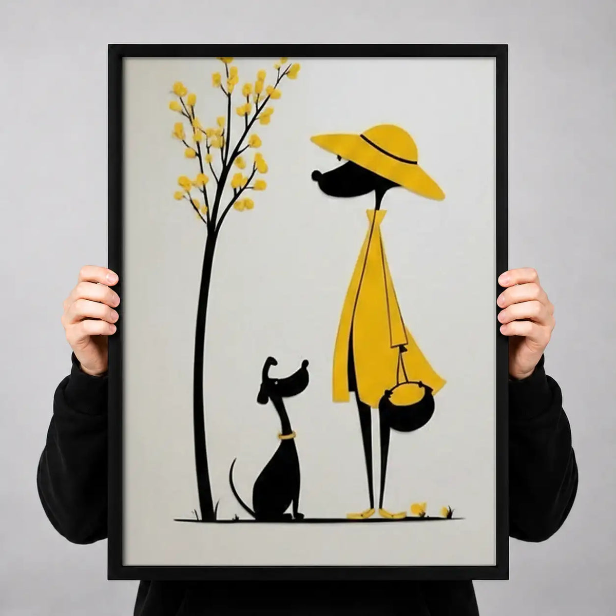 Woman in Yellow Walking Black Cat Wall Art 3