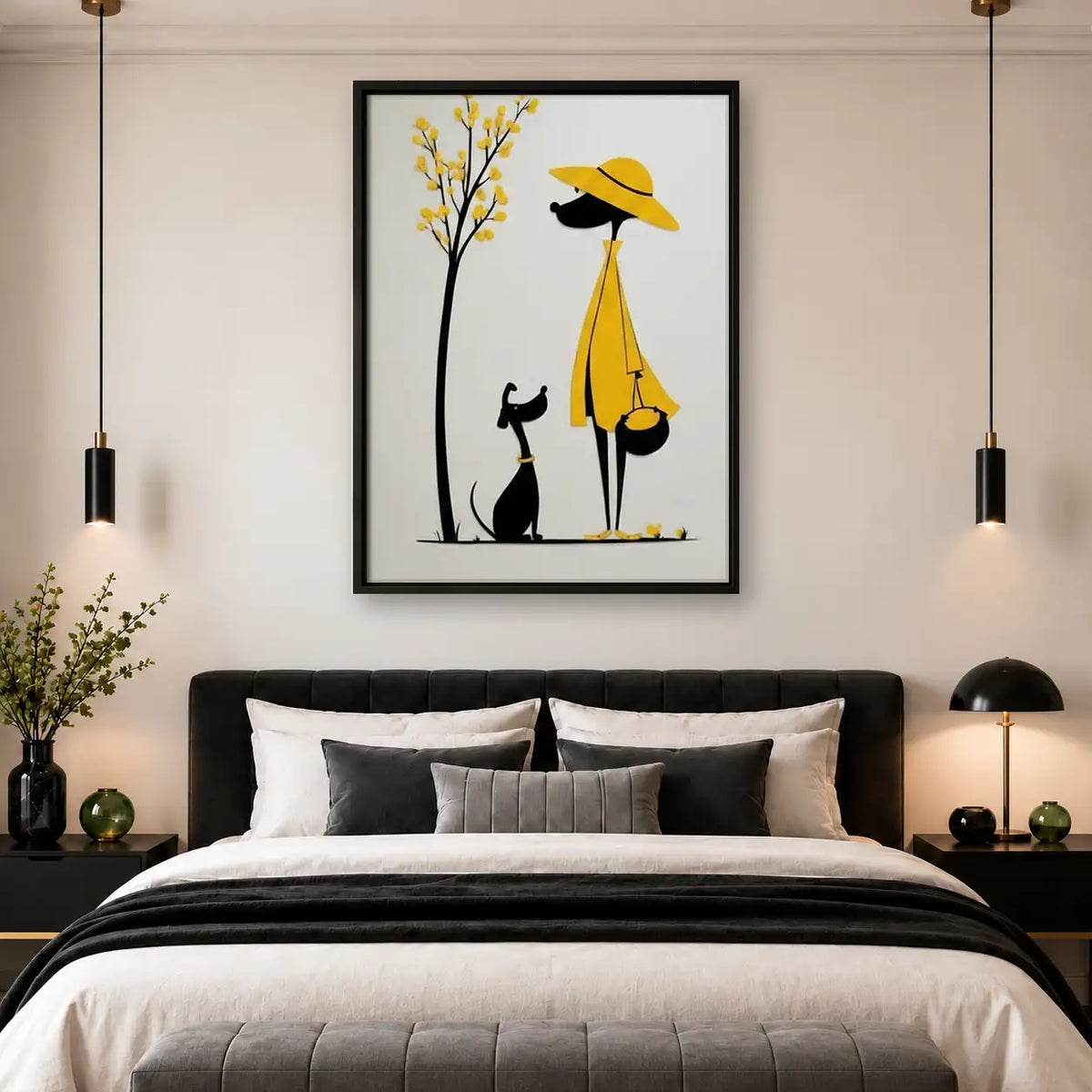 Woman in Yellow Walking Black Cat Wall Art 4