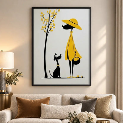 Woman in Yellow Walking Black Cat Wall Art 5