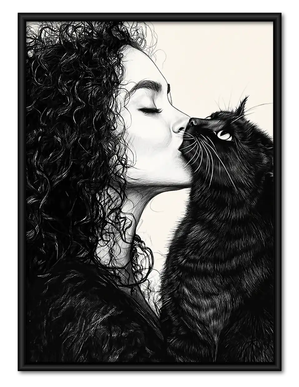 Woman Kissing Fluffy Black Cat Wall Art 1