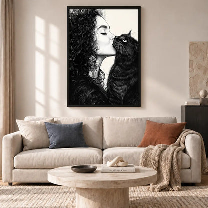 Woman Kissing Fluffy Black Cat Wall Art 2