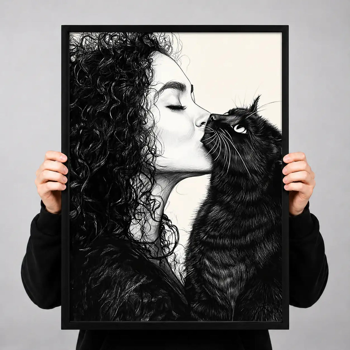 Woman Kissing Fluffy Black Cat Wall Art 3